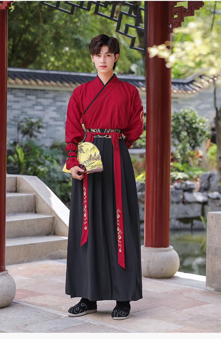 汉服男装中国风古装侠客书生夏季日常仙气魏晋风大氅套装 e款红黑两件