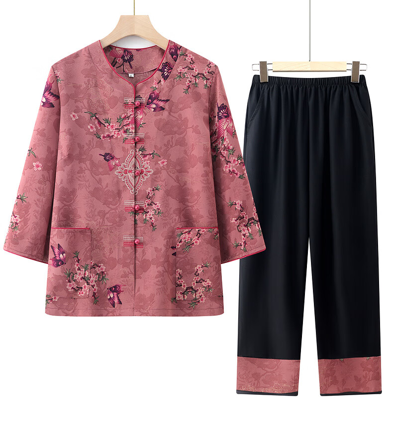Fengxiao Grandma Summer Outfit Middle-aged and Elderly Women's Short Sleeve Two-piece Set for 60-70 Year Olds Loose Cardigan 13