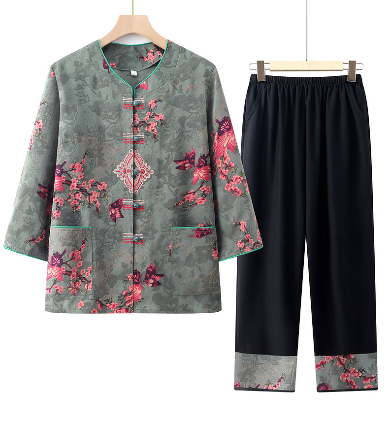 Fengxiao Grandma Summer Outfit Middle-aged and Elderly Women's Short Sleeve Two-piece Set for 60-70 Year Olds Loose Cardigan 10