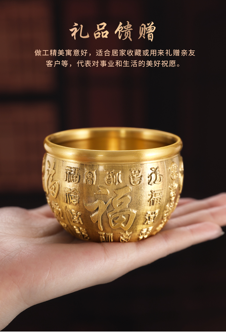 谷雨 黄铜缸聚宝盆创意摆件 客厅办公室家居摆设铜器存钱罐铜盆铜制工