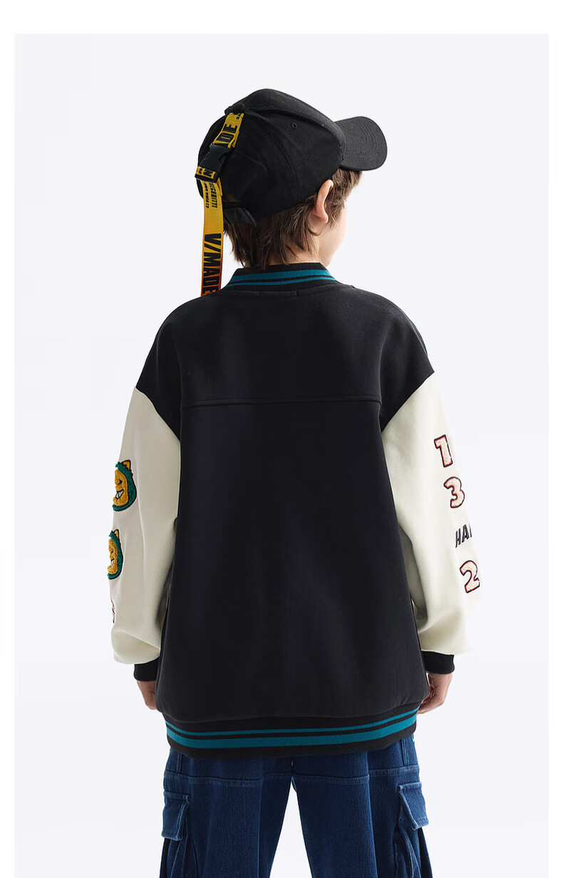 MQD Boys' Autumn New Children's Baseball Jacket Loose Drop Shoulder Fashion Trendy Cool Coat Black 110 9