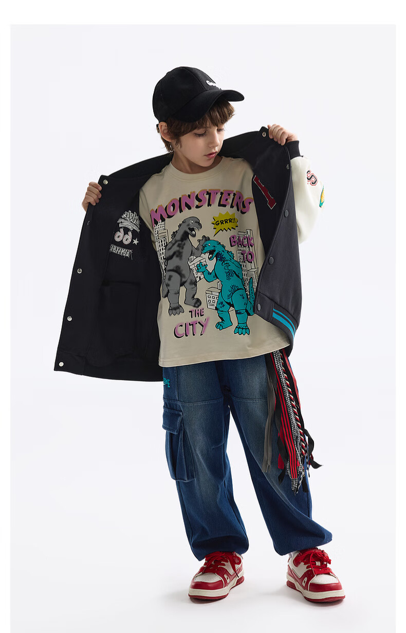 MQD Boys' Autumn New Children's Baseball Jacket Loose Drop Shoulder Fashion Trendy Cool Coat Black 110 7
