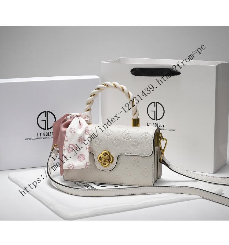 2022新款香港itgdledy真皮感小众女士包包百搭洋气手提斜挎包 白拼杏