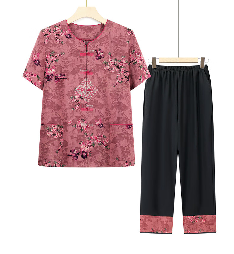 Fengxiao Grandma Summer Outfit Middle-aged and Elderly Women's Short Sleeve Two-piece Set for 60-70 Year Olds Loose Cardigan 11