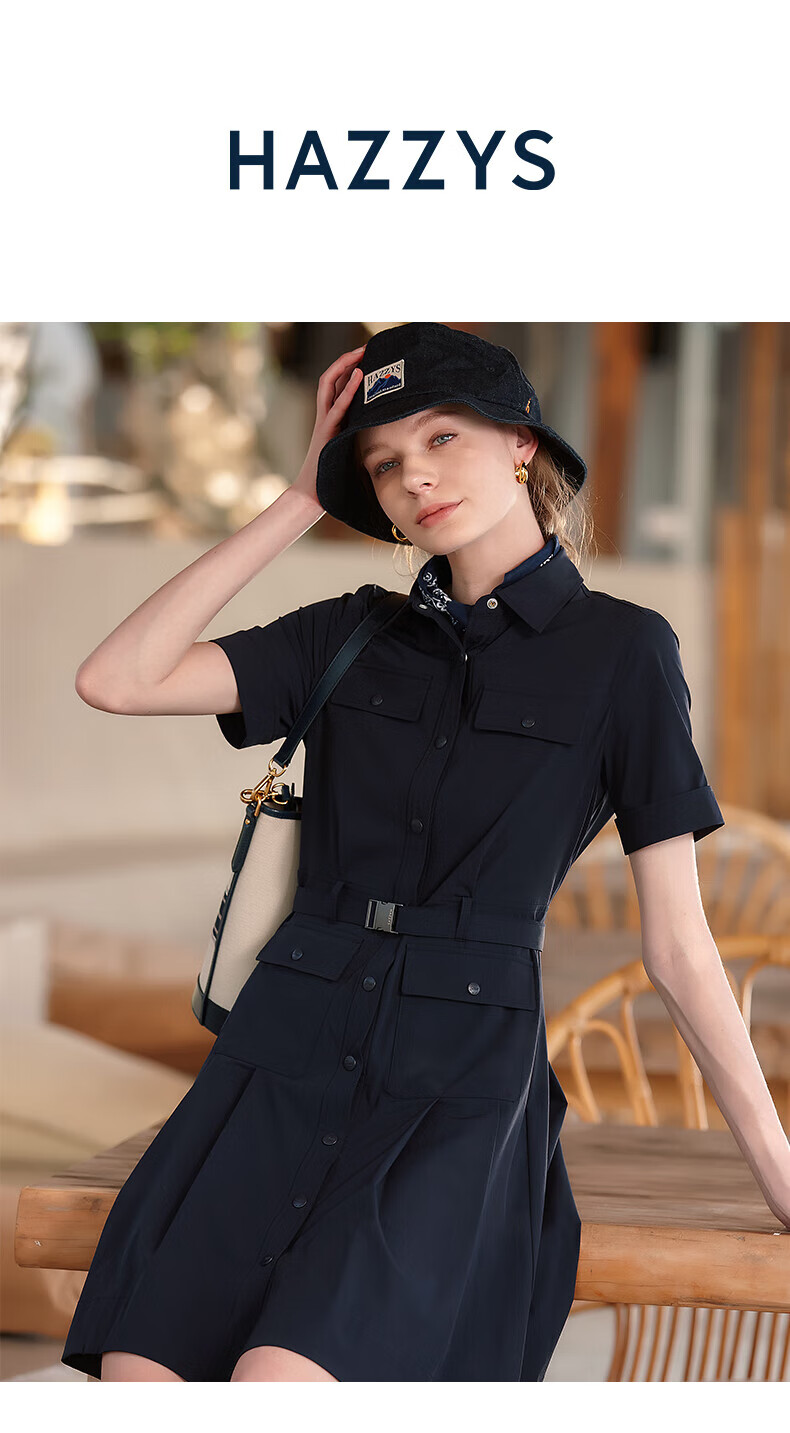HAZZYS Women's Clothing, Summer Ladies PHIZ Lapel Workwear Style Dress, Navy Blue, Size L 1