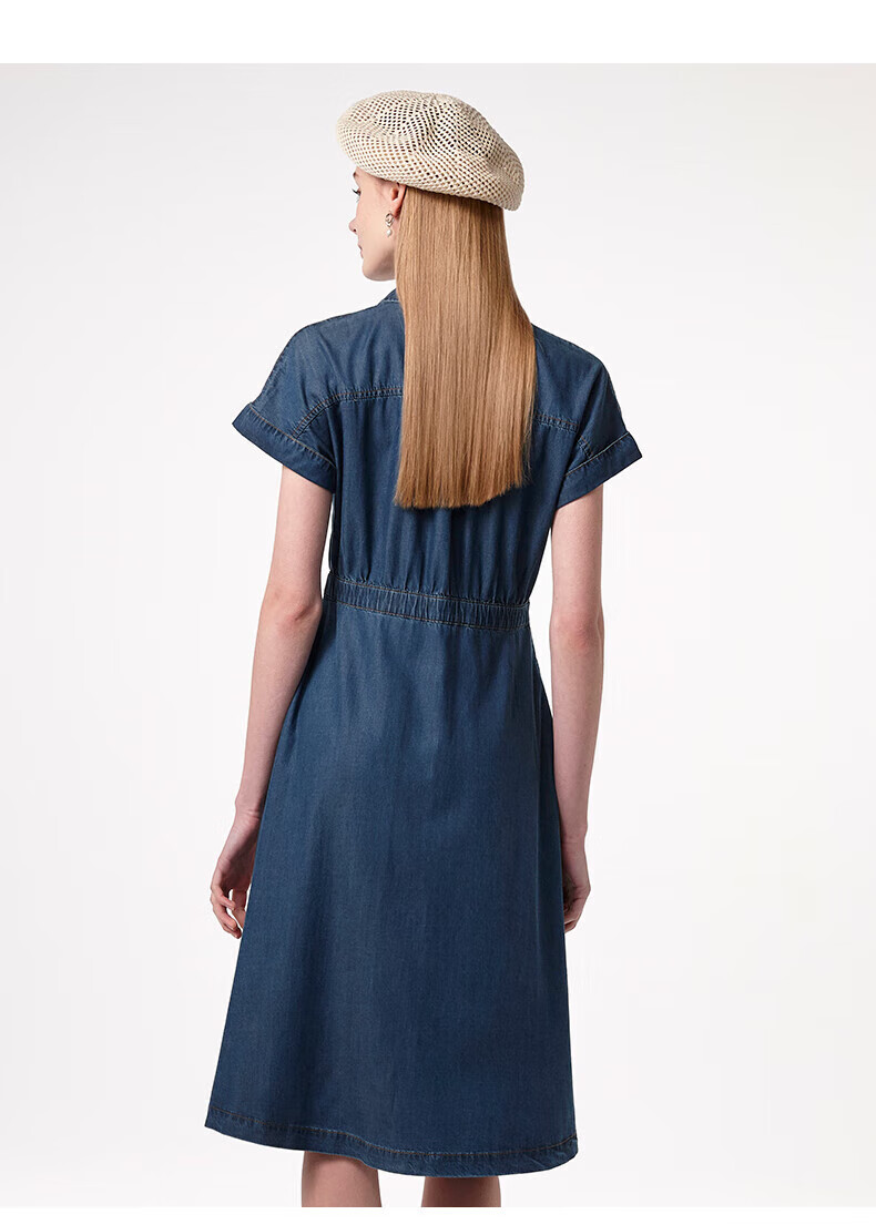 HAZZYS Women's Clothing, Summer Ladies' [PHIZ Series] Drop-Shoulder Waist-Cinching Denim Dress for Wome 11