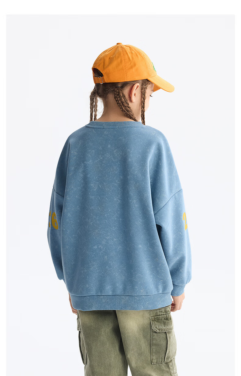 MQD Boys' Autumn New Style Children's Round Neck Street Fashion Loose Drop-Shoulder Sweatshirt for Older Kids, Light Denim Blue, Size 130 14