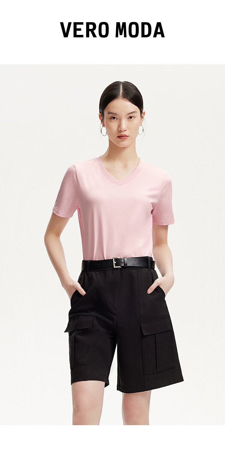 VEROMODA Women's T-Shirt, New Spring 2025 Style, Solid Color V-Neck with Letter Print, Basic T-Shirt, Comfortable And Versatile 1
