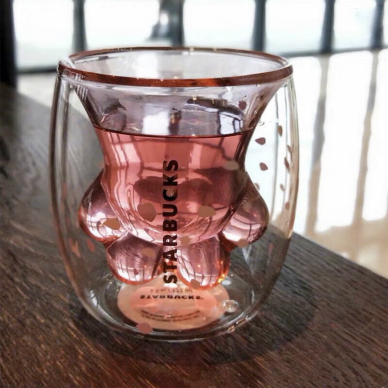 星巴克樱花猫爪杯限定抖音网红双层玻璃杯