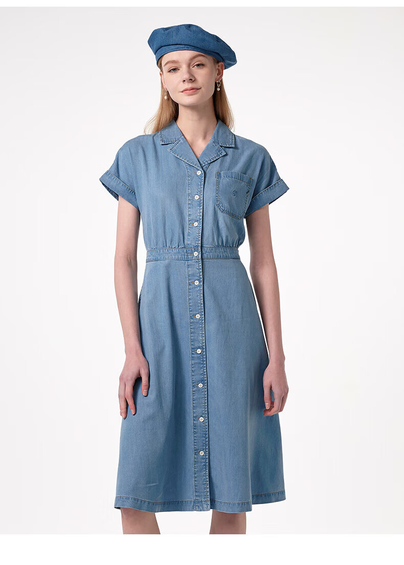 HAZZYS Women's Clothing, Summer Ladies' [PHIZ Series] Drop-Shoulder Waist-Cinching Denim Dress for Wome 4