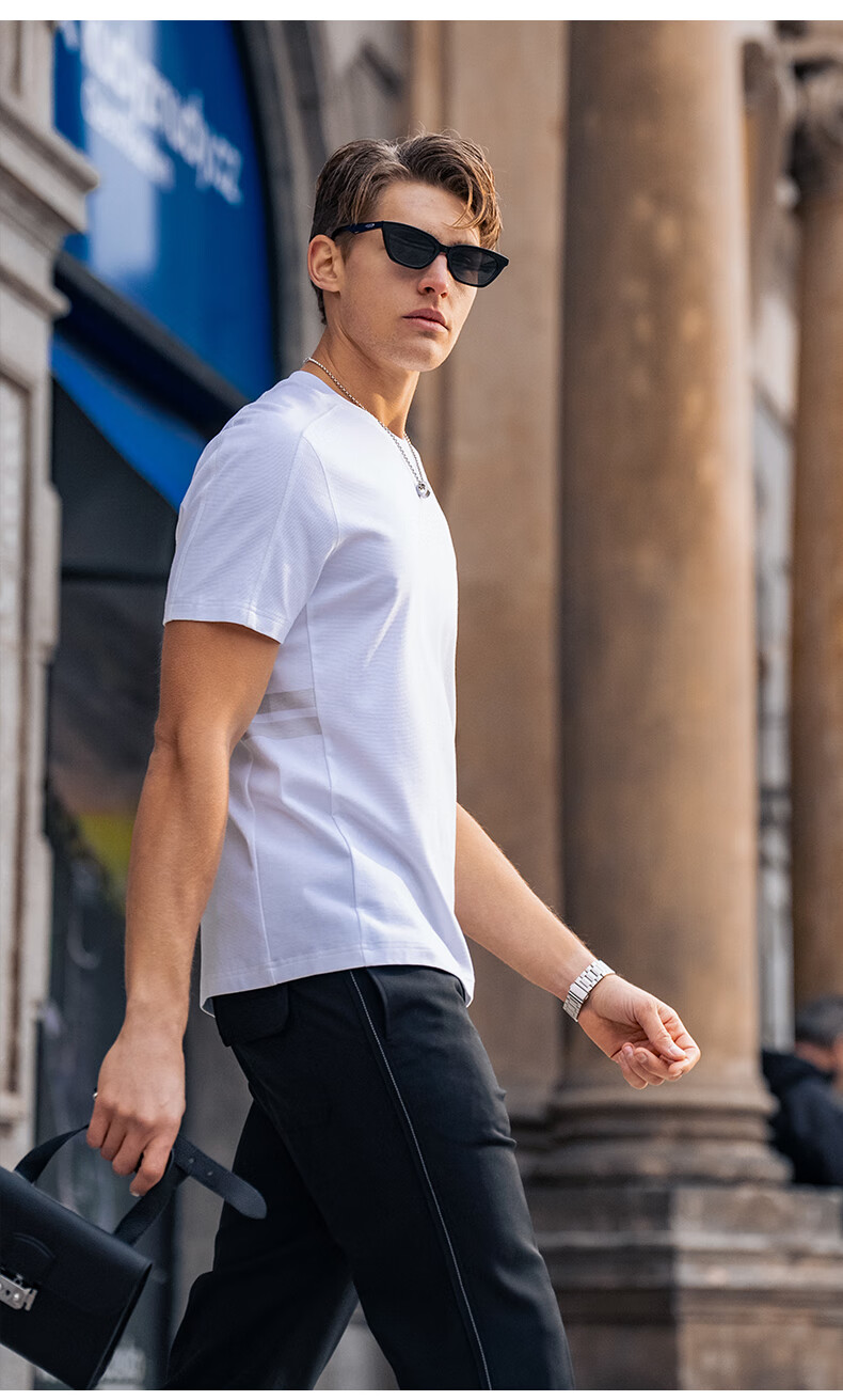 Mr.Bu Fashion Round Neck Striped Patchwork Design T-Shirt for Men, Summer Pure Cotton Short-Sleeve Top, Bright Moon White, 2XL (185) 9