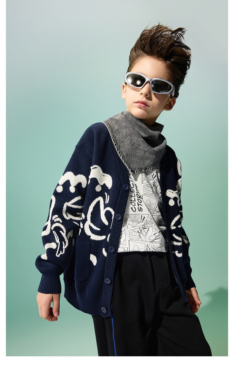 MQD Children's Sweater Autumn New Boys Jacquard Versatile National Style Sweater Navy Blue 130 4