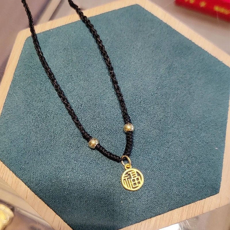 黄金福牌项链女999足金转运珠福字编织黑色绳纪念日情人节礼物送女友