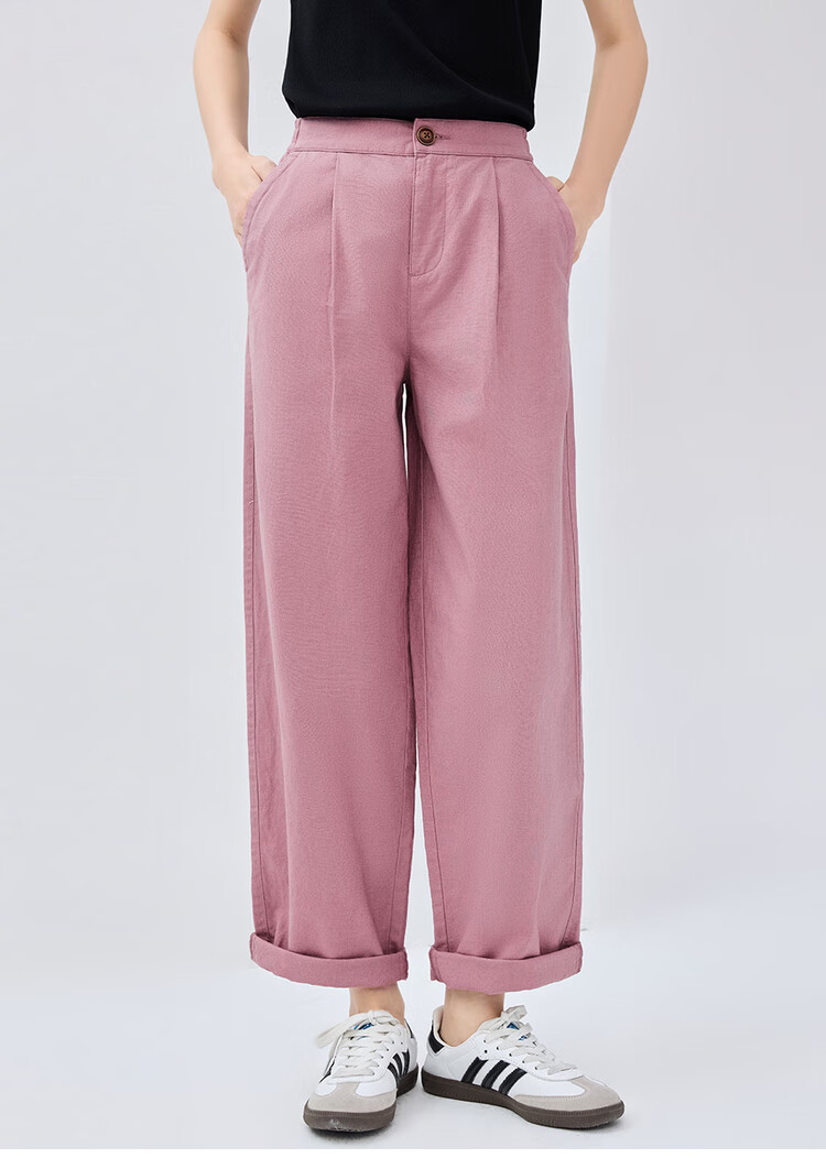 Giordano Women's Linen Pants, New Style Cotton And Linen Artistic Pleated Casual Trousers with Elastic Waist, 13415222 14
