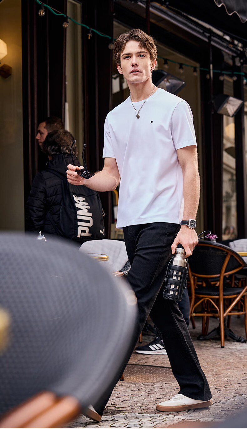 Mr.Bu Crew Neck Simple Letter Print T-Shirt for Men, Summer Wrinkle-Resistant Short-Sleeve Top, Bright Moon White 7