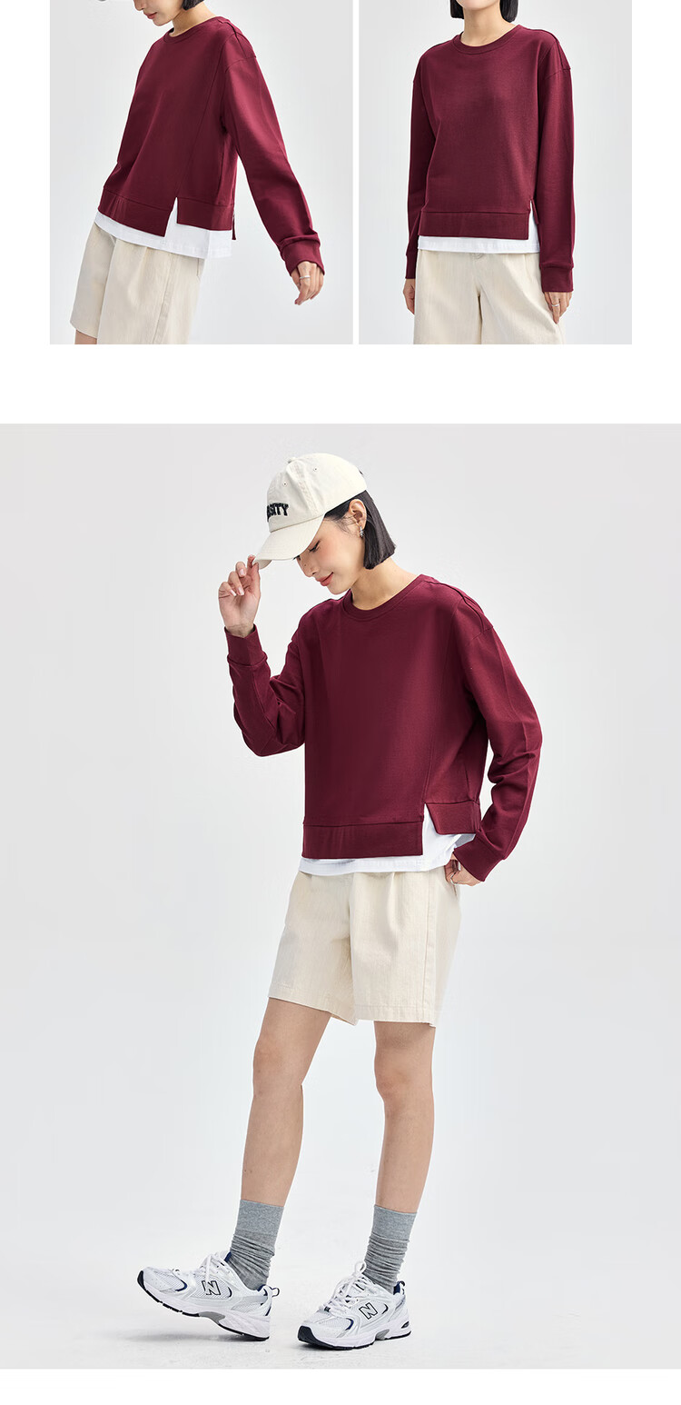 Giordano Women's Sweatshirt, Pure Cotton, Faux Two-Piece, Irregular Hem, Youthful Round Neck Pullover, Women's Style 13324734 14