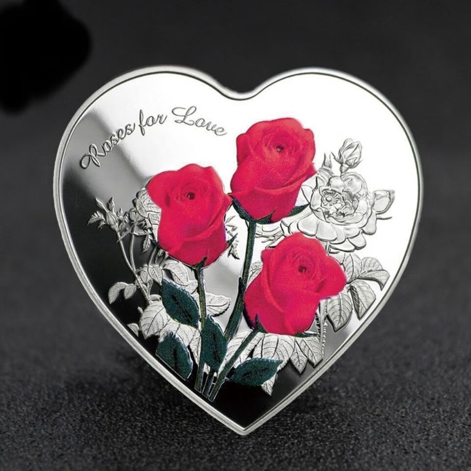 玫瑰心形纪念章心形玫瑰花爱情纪念币银色love币婚姻许愿结婚纪念币
