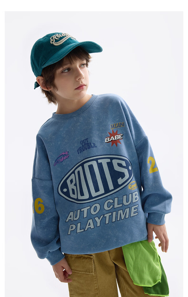 MQD Boys' Autumn New Style Children's Round Neck Street Fashion Loose Drop-Shoulder Sweatshirt for Older Kids, Light Denim Blue, Size 130 7