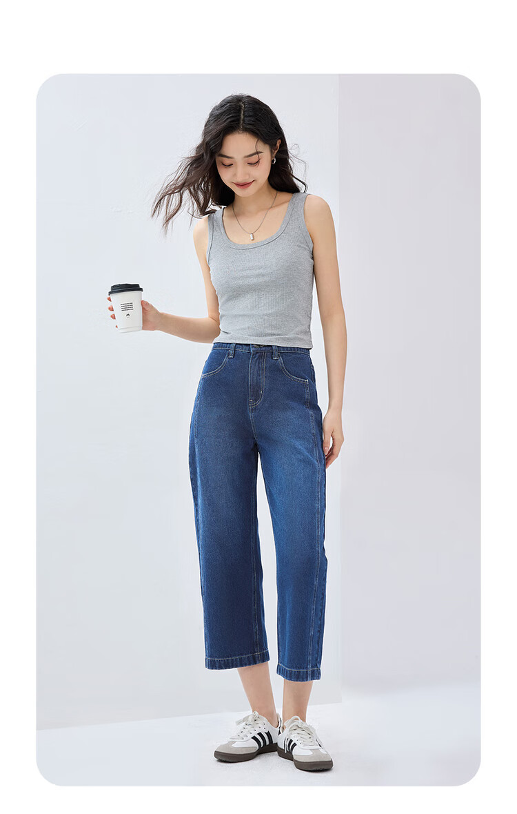 Giordano Women's Jeans, Pure Cotton, Straight-Leg, Semi-Elastic Waist, Cropped Pants, Women's Style 13425210 13