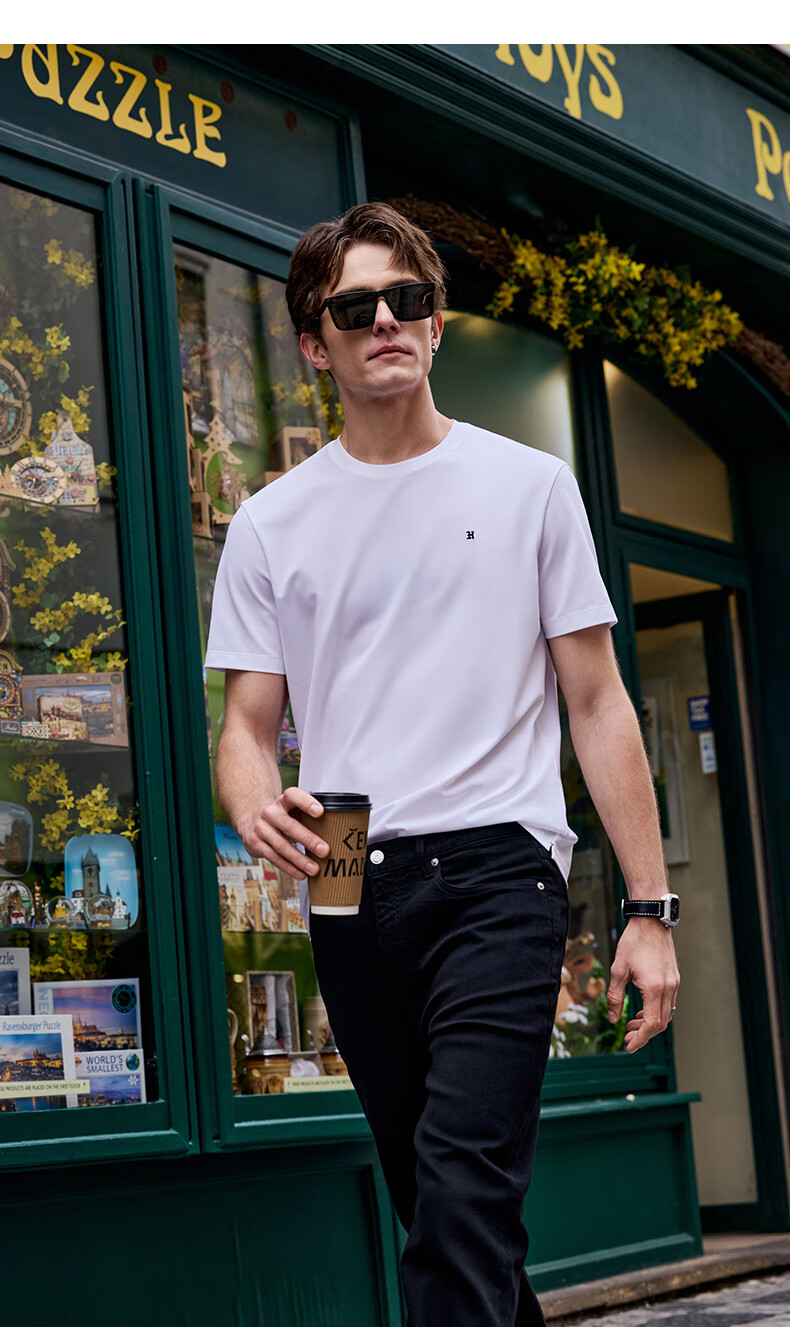 Mr.Bu Crew Neck Simple Letter Print T-Shirt for Men, Summer Wrinkle-Resistant Short-Sleeve Top, Bright Moon White 14
