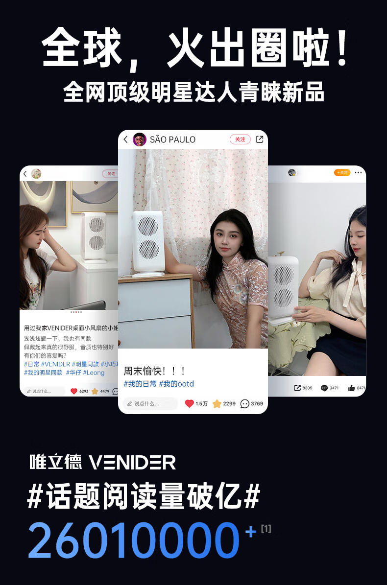 VENIDER [Quiet Desktop Fan] Tabletop Electric Fan Air Cooler Cooling Mini Fan Tower Fan Silent USB Fan Portable Rechargeable Oscillating Desk Fan for Office And Dormitory 8000mAh 4