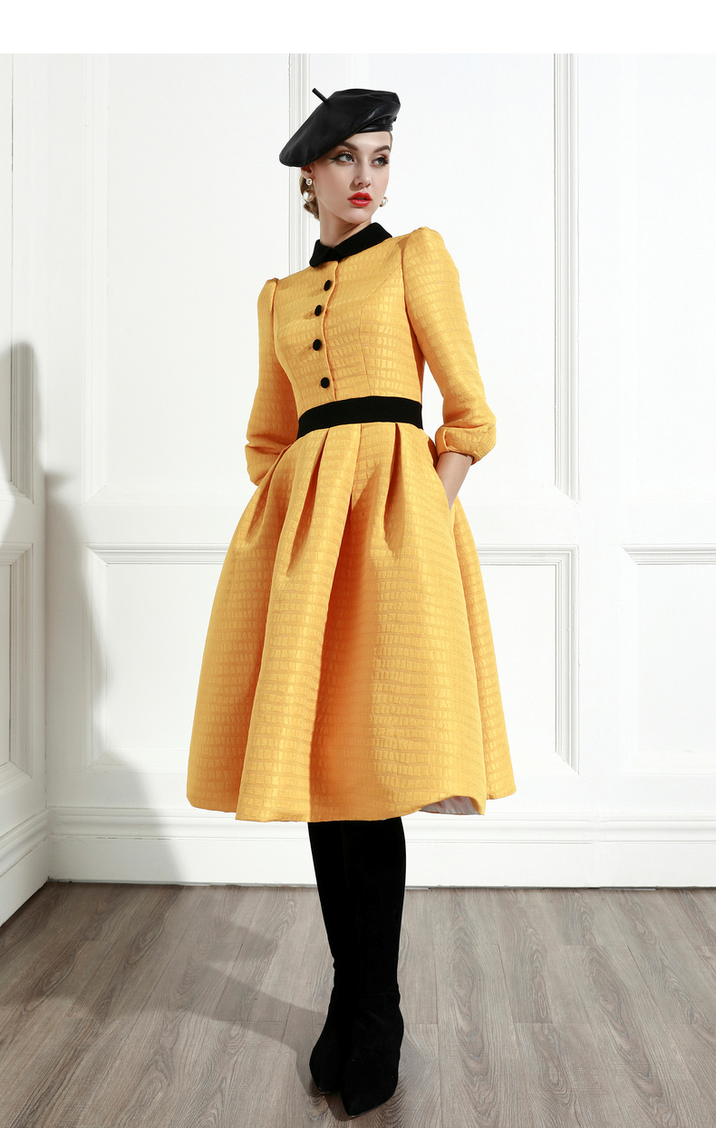 希区瑞普伞裙2018早秋新款欧美复古名媛ol金黄色撞色赫本风连衣裙 黄