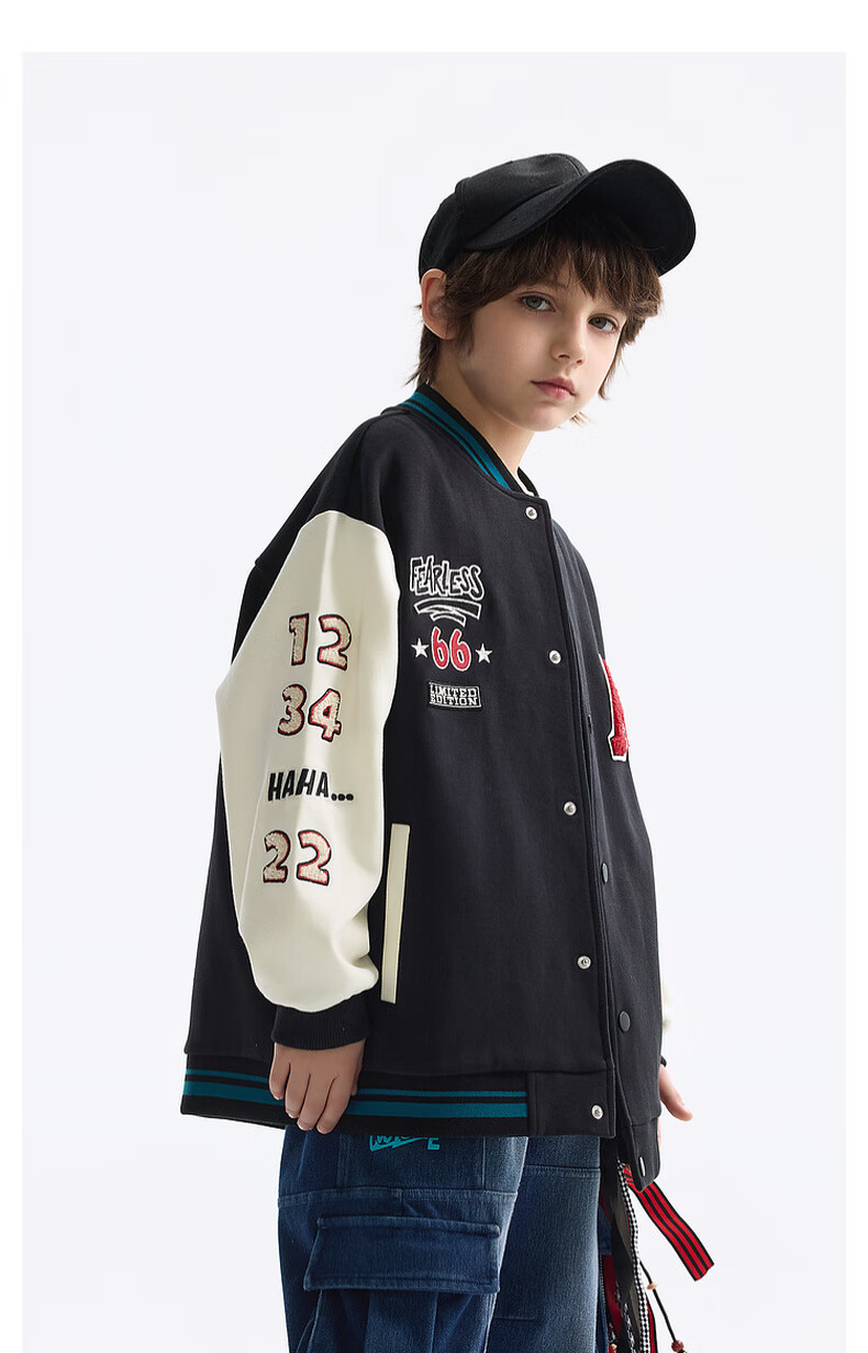 MQD Boys' Autumn New Children's Baseball Jacket Loose Drop Shoulder Fashion Trendy Cool Coat Black 110 8