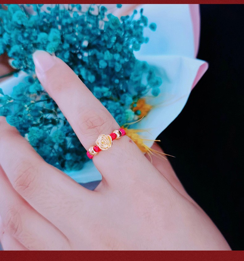 999足金玫瑰花黄金戒指女3d硬金小金珠转运珠编绳戒指 黑绳款【图片