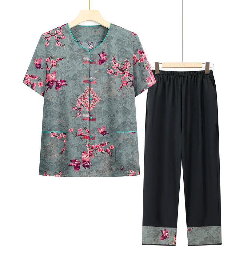 Fengxiao Grandma Summer Outfit Middle-aged and Elderly Women's Short Sleeve Two-piece Set for 60-70 Year Olds Loose Cardigan 12
