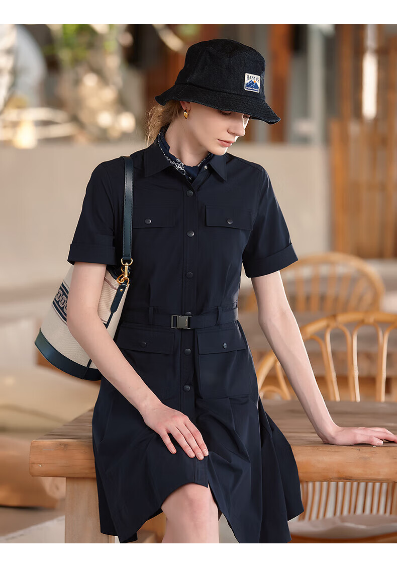 HAZZYS Women's Clothing, Summer Ladies PHIZ Lapel Workwear Style Dress, Navy Blue, Size L 5
