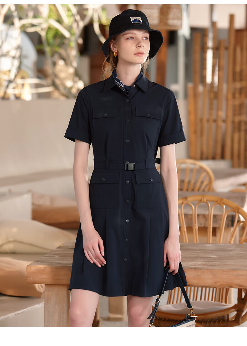 HAZZYS Women's Clothing, Summer Ladies PHIZ Lapel Workwear Style Dress, Navy Blue, Size L 3
