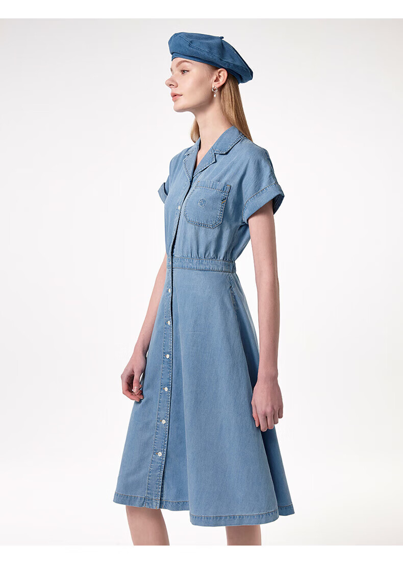 HAZZYS Women's Clothing, Summer Ladies' [PHIZ Series] Drop-Shoulder Waist-Cinching Denim Dress for Wome 5