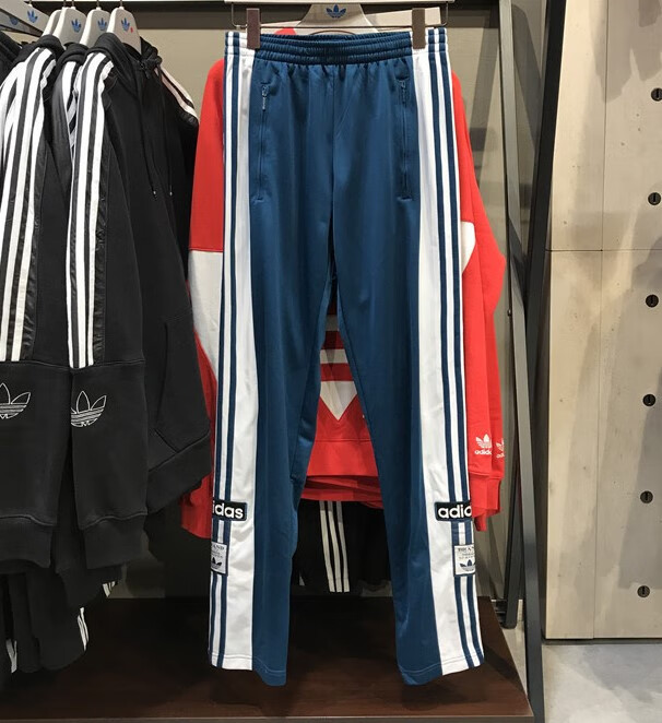 adidas三叶草男子三条杠侧开排扣裤休闲运动透气直筒长裤 dv1592 蓝色