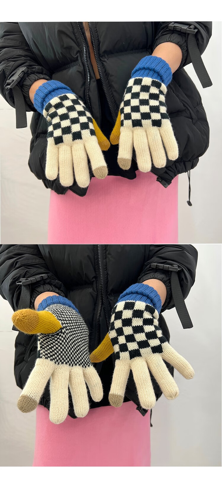 打雪仗手套 棋盘格加绒加厚手套触屏ins棉手套男冬季潮流网红打雪仗