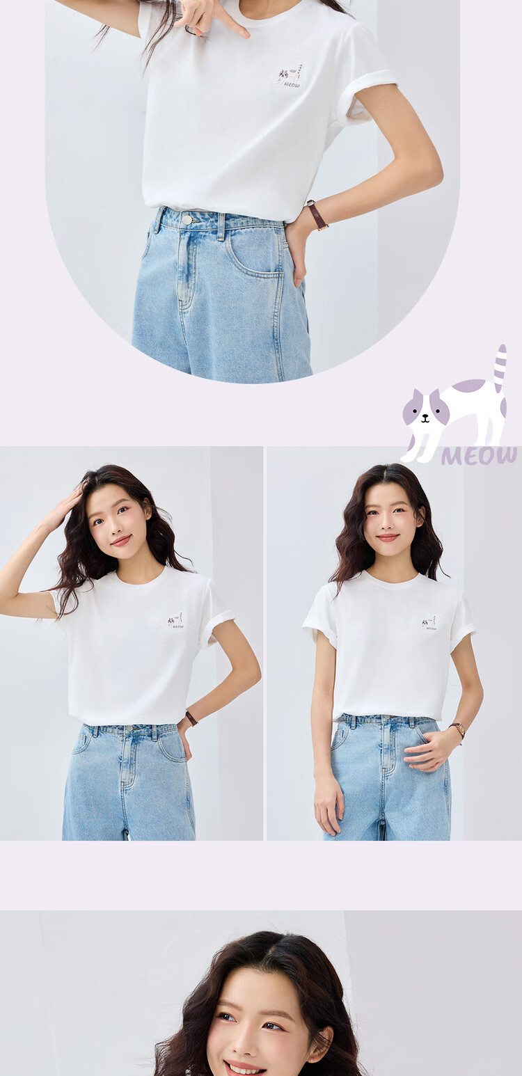 Giordano Women's Short-Sleeve T-Shirt, Pure Cotton, Cute Age-Reducing Cat Embroidery, Round Neck Casual Top, 13325327 8