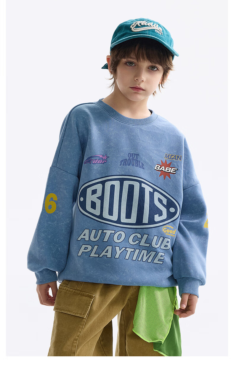 MQD Boys' Autumn New Style Children's Round Neck Street Fashion Loose Drop-Shoulder Sweatshirt for Older Kids, Light Denim Blue, Size 130 4
