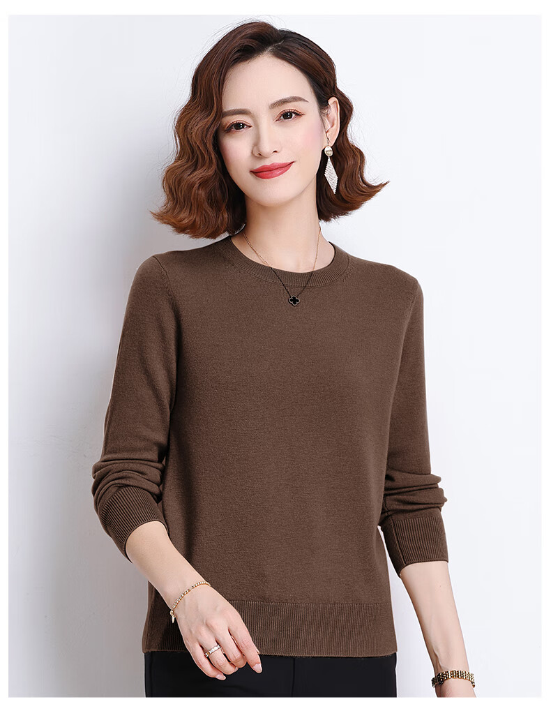 Hengyuanxiang 100% Pure Wool Women's Sweater Autumn Winter Crew Neck Casual Elegant Knit Warm Base Shirt Top 23