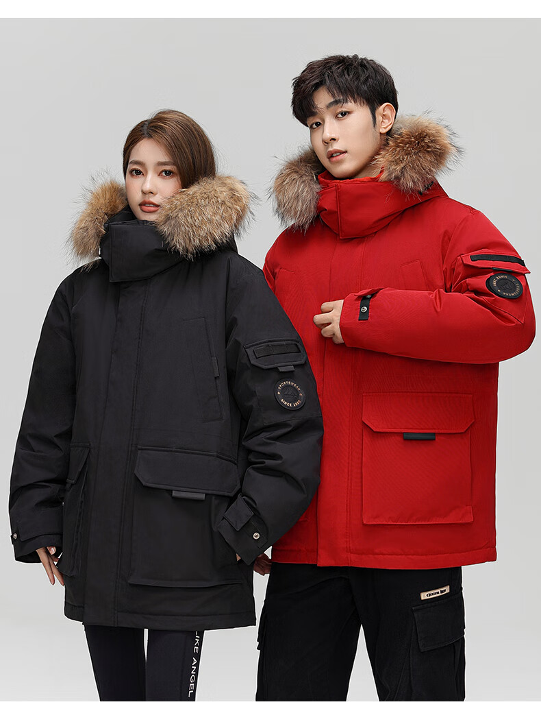 YAYA Unisex Down Jacket Winter Cold-Resistant Hooded Fashion Casual Thick Warm New Year Couple Thick Red Coat 21