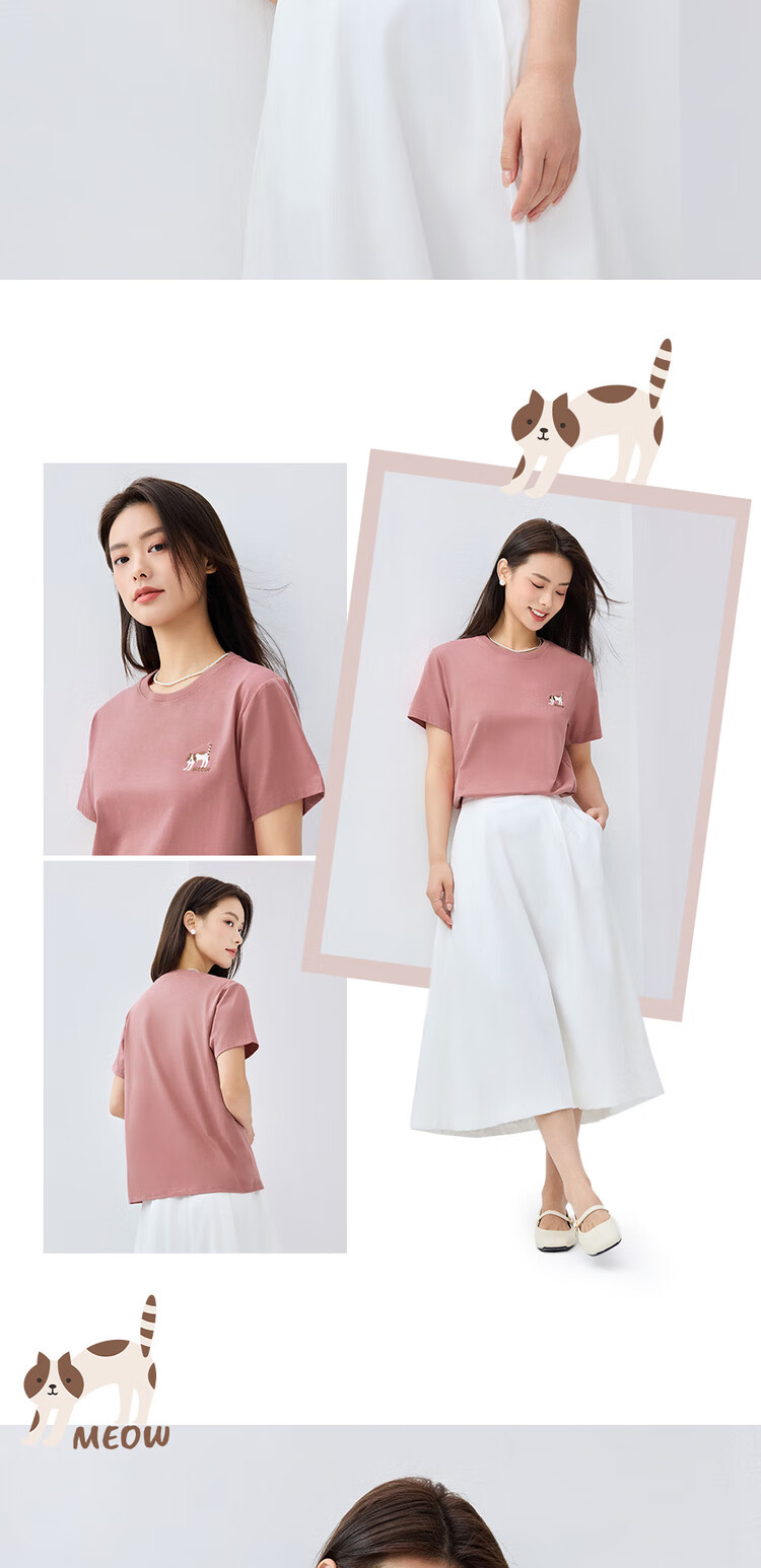 Giordano Women's Short-Sleeve T-Shirt, Pure Cotton, Cute Age-Reducing Cat Embroidery, Round Neck Casual Top, 13325327 10