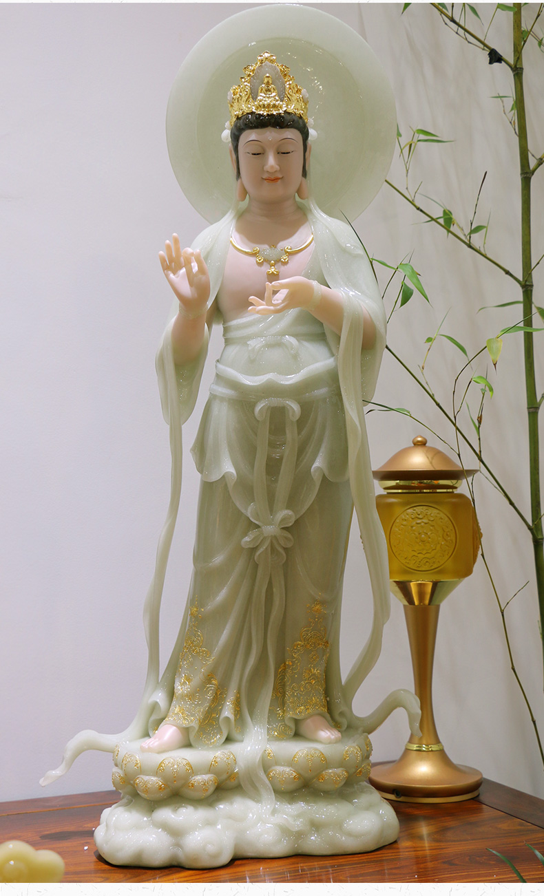 三漫陀汉白玉大势至菩萨像翠玉手工立体贴金庄严居家供奉佛像摆件 高