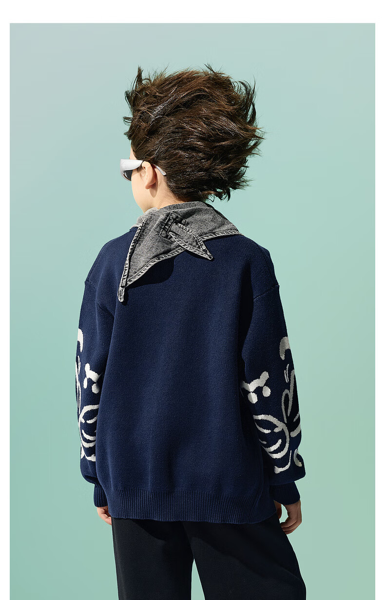 MQD Children's Sweater Autumn New Boys Jacquard Versatile National Style Sweater Navy Blue 130 9