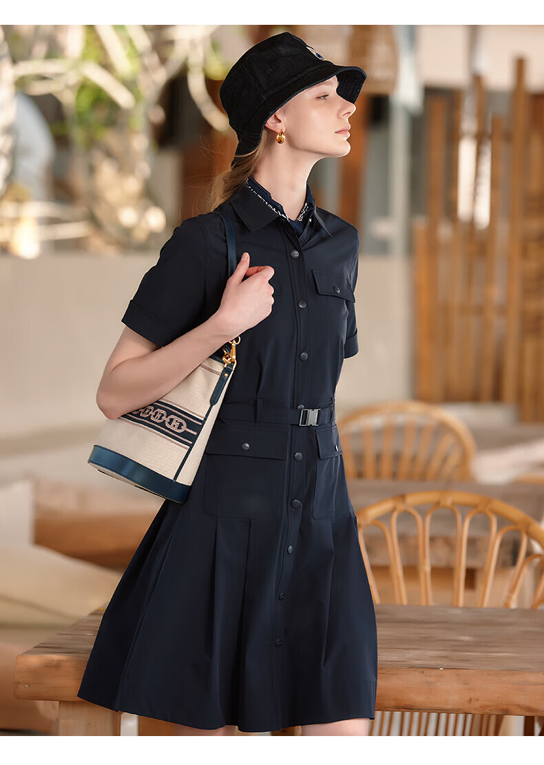 HAZZYS Women's Clothing, Summer Ladies PHIZ Lapel Workwear Style Dress, Navy Blue, Size L 4