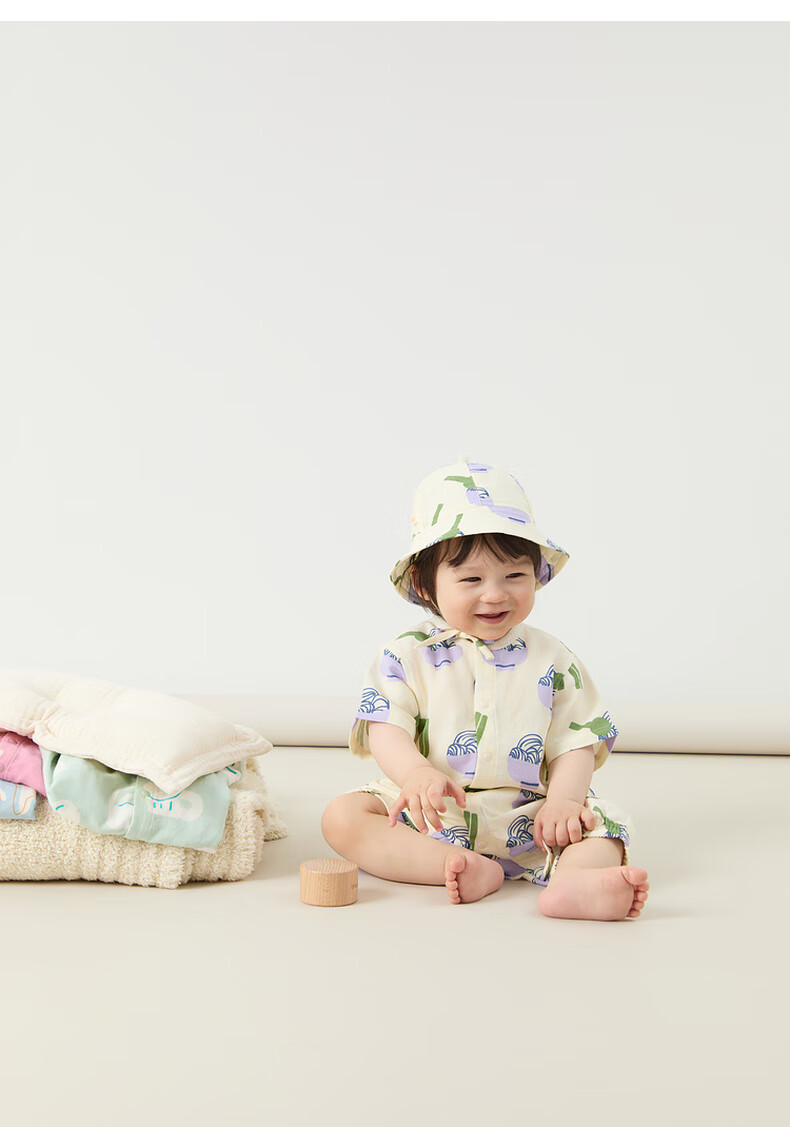 Papa Summer Infant Bamboo Cotton Romper for Boys And Girls, Short-Sleeve Gauze Printed Onesie, Breathable, Blue, 66cm 15