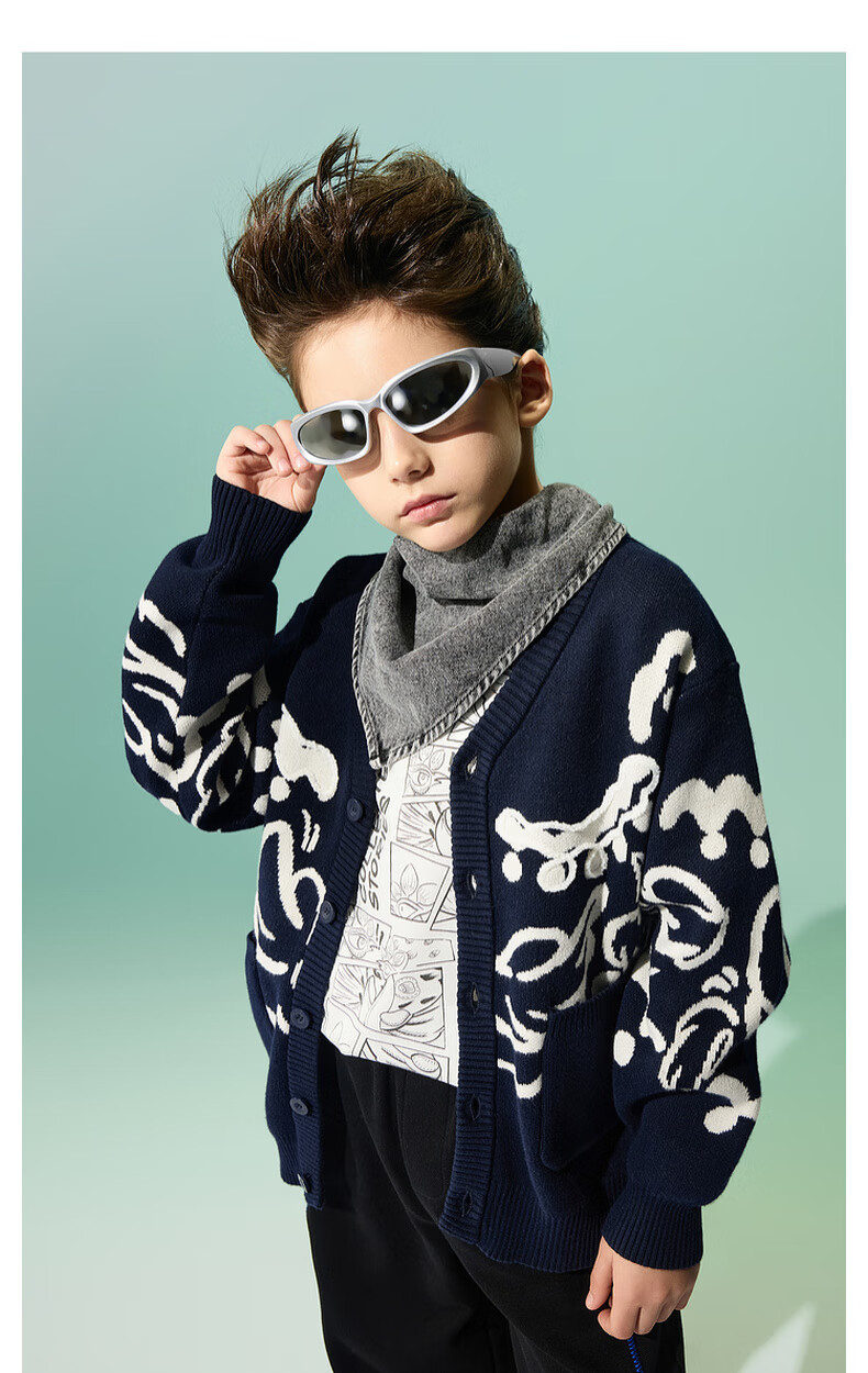 MQD Children's Sweater Autumn New Boys Jacquard Versatile National Style Sweater Navy Blue 130 6