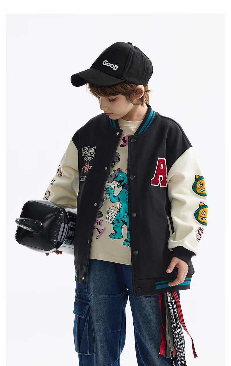 MQD Boys' Autumn New Children's Baseball Jacket Loose Drop Shoulder Fashion Trendy Cool Coat Black 110 6