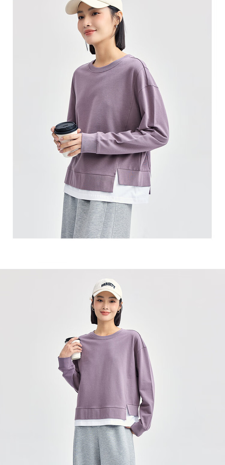 Giordano Women's Sweatshirt, Pure Cotton, Faux Two-Piece, Irregular Hem, Youthful Round Neck Pullover, Women's Style 13324734 12