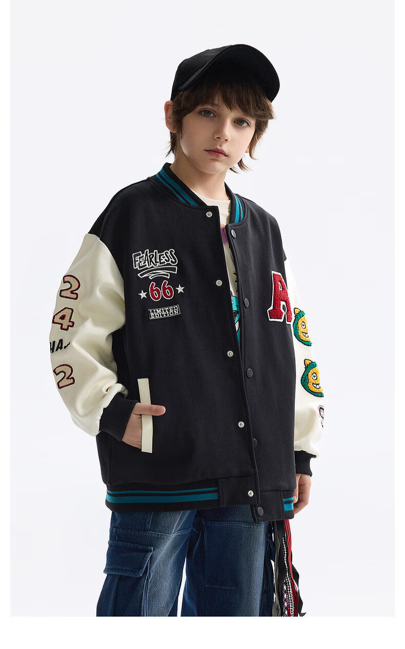 MQD Boys' Autumn New Children's Baseball Jacket Loose Drop Shoulder Fashion Trendy Cool Coat Black 110 4