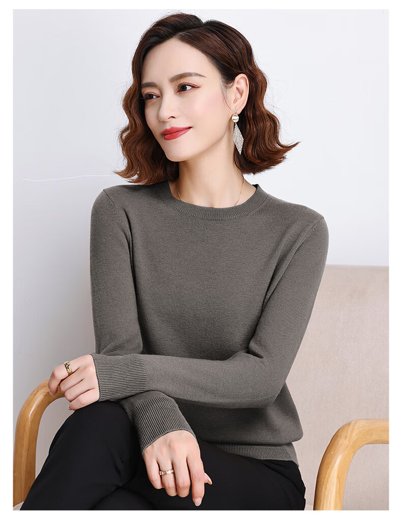 Hengyuanxiang 100% Pure Wool Women's Sweater Autumn Winter Crew Neck Casual Elegant Knit Warm Base Shirt Top 30