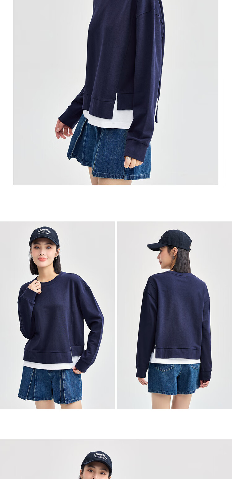 Giordano Women's Sweatshirt, Pure Cotton, Faux Two-Piece, Irregular Hem, Youthful Round Neck Pullover, Women's Style 13324734 9