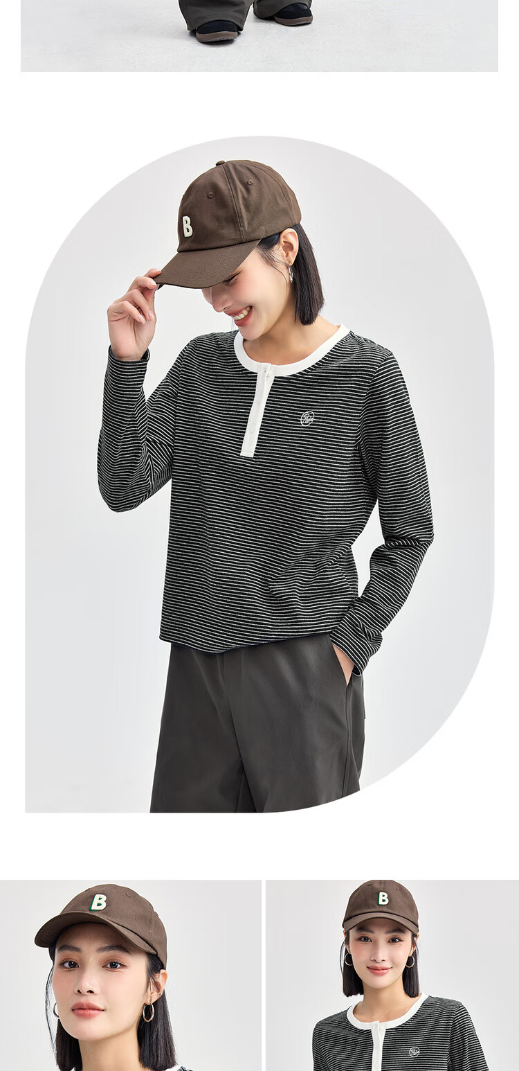 Giordano Women's Striped Embroidered Pullover T-Shirt, Contrasting Color Henley Collar Long Sleeve Tee for Women 13324704 13